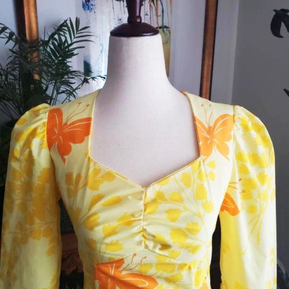 Vintage 70s Puff Sleeve Butterfly Maxi Dress - Picture 3 of 5